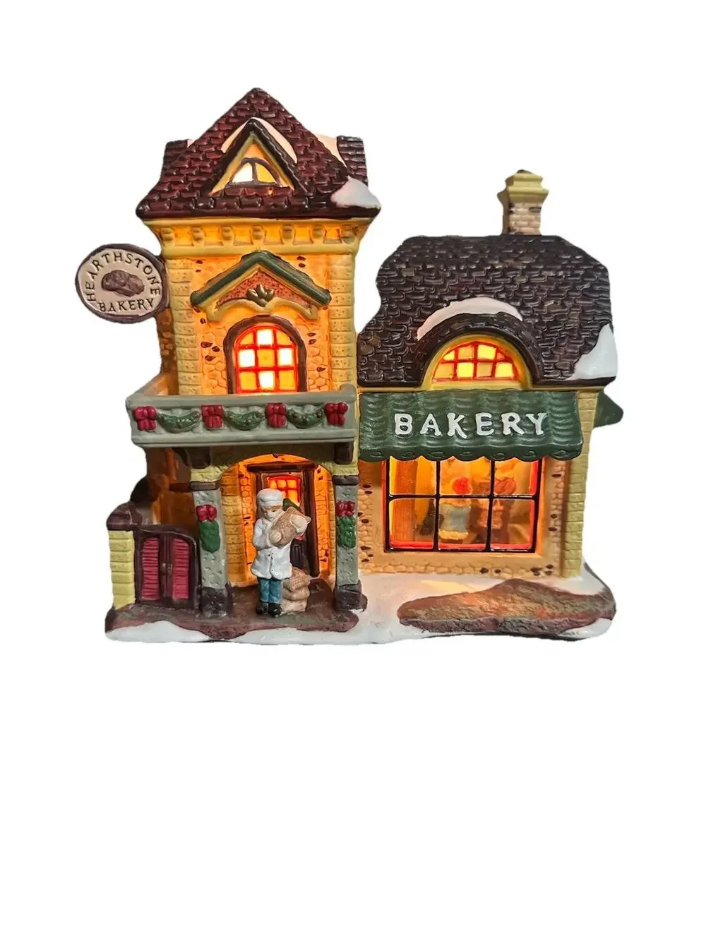 Illuminated Christmas Village Hearthstone Bakery w/ Baker Figure - Holiday Decor